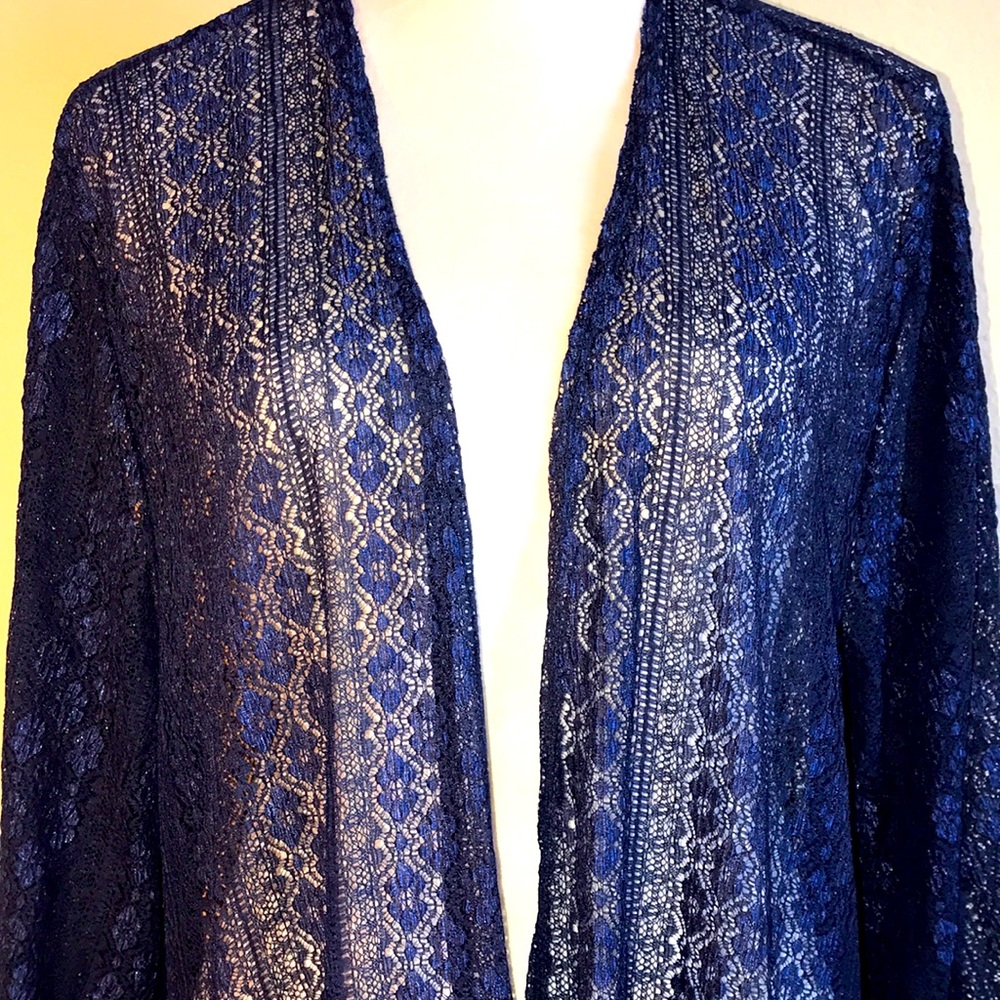 Espresso - Lace Open Front Beach Coverup Kimono, 3X, Navy